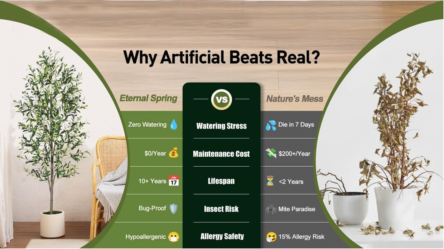 A 6-Foot Tall Artificial Indoor Olive Tree with Realistic Olive Fruits and Flowers with Black pots, Suitable for Home Offices and Home Decor Gifts (Including Woven Baskets)