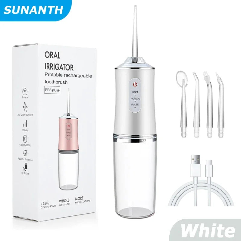 Oral Irrigator Portable Dental Water Flosser USB Rechargeable Water Jet Floss Tooth Pick 4 Jet Tip 200ml 3 Mode Massage Gums