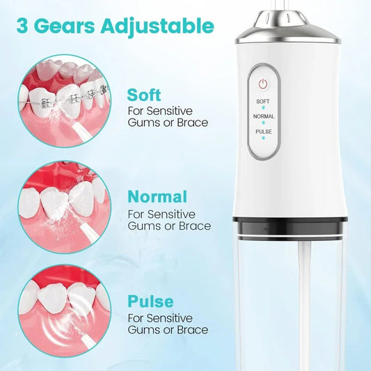 Oral Irrigator Portable Dental Water Flosser USB Rechargeable Water Jet Floss Tooth Pick 4 Jet Tip 200ml 3 Mode Massage Gums