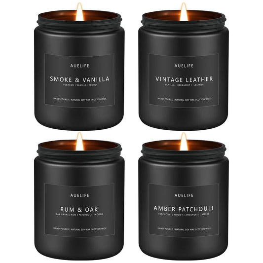 Scented Candles Set | Men Candle Set, Scented Candles for Home, Gifts for Men Aromatherapy Gift Set - 4 Pack Manly Gifts for Dad Fathers Day, Soy Candle of Leather/Smoke & Vanilla/Oak/Lavender