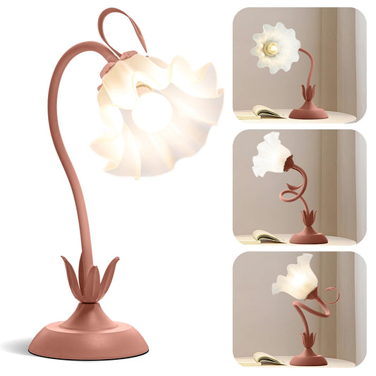 Flower Table Lamp, Cute Vintage Reading Desk Lamp for Bedroom, Small Bedside Light for Night Stands with 3 Color Modes, Kawaii Decor for Dorm Living Room Office (Green)