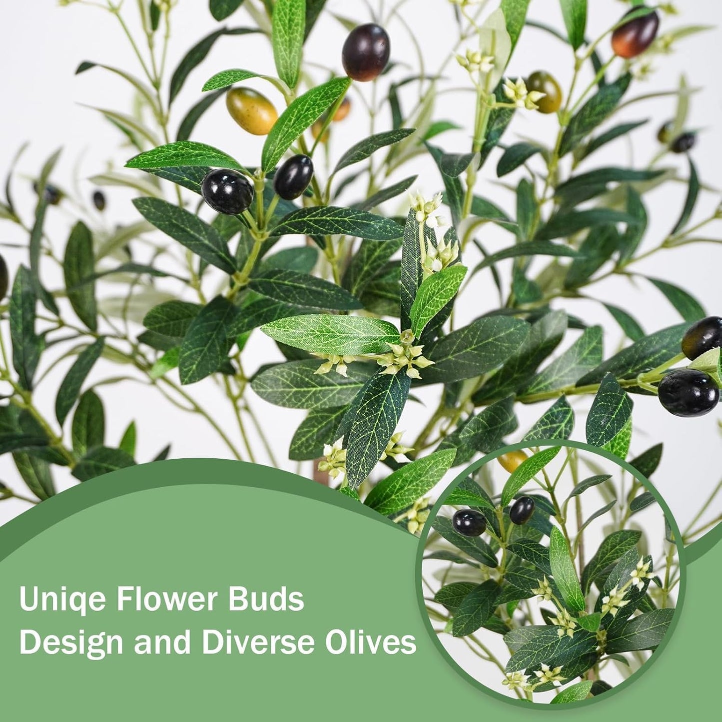A 6-Foot Tall Artificial Indoor Olive Tree with Realistic Olive Fruits and Flowers with Black pots, Suitable for Home Offices and Home Decor Gifts (Including Woven Baskets)