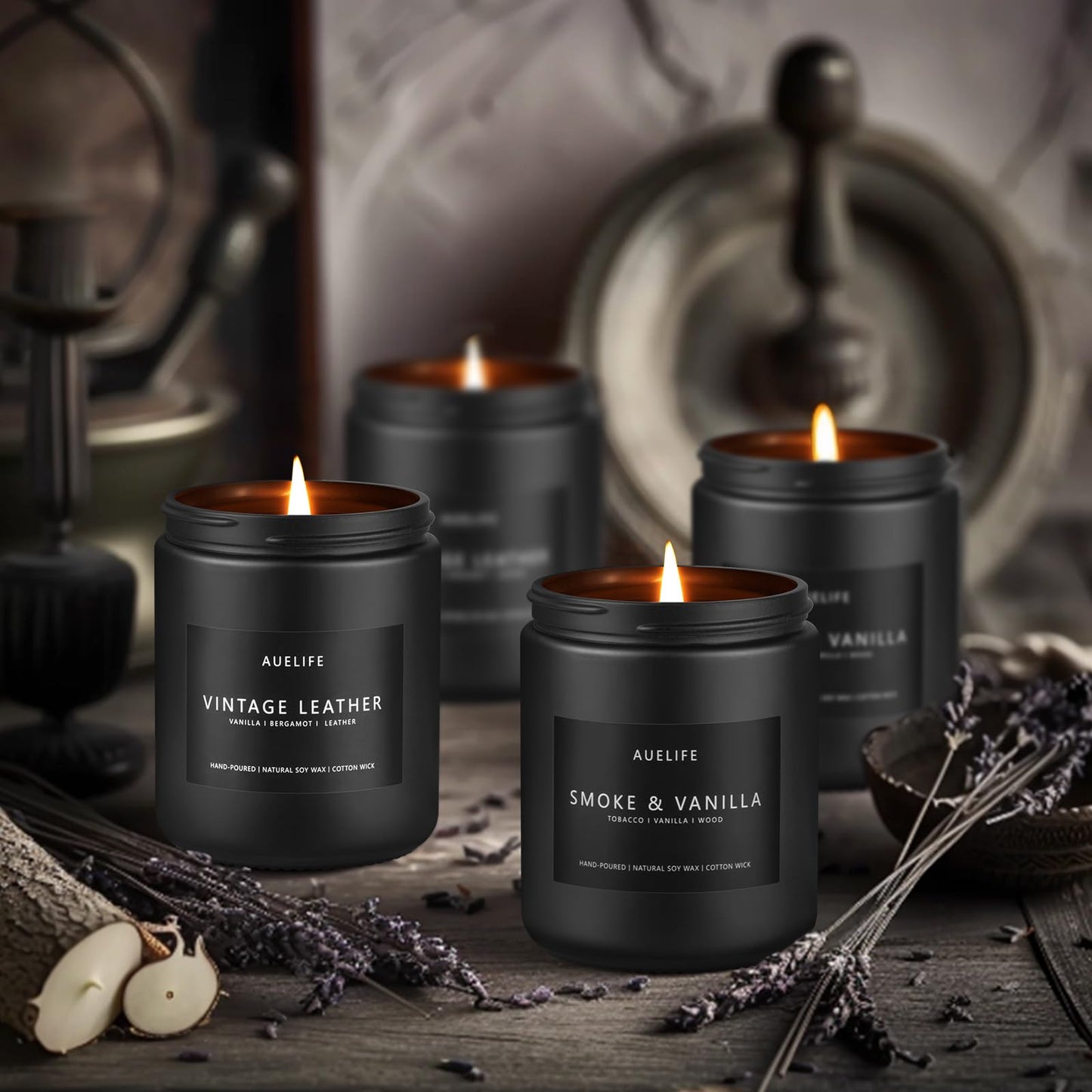 Scented Candles Set | Men Candle Set, Scented Candles for Home, Gifts for Men Aromatherapy Gift Set - 4 Pack Manly Gifts for Dad Fathers Day, Soy Candle of Leather/Smoke & Vanilla/Oak/Lavender