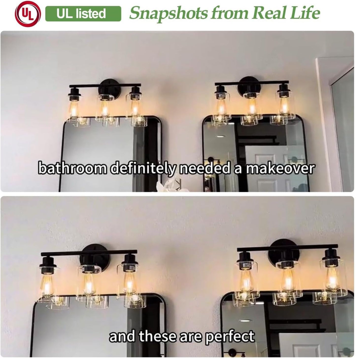 3-Light Bathroom Light Fixtures, 17.23" Black Modern Vanity Lights with Clear Glass Shade, Bathroom Wall Lamp for Mirror Kitchen Living Room Hallway Cabinet Porch