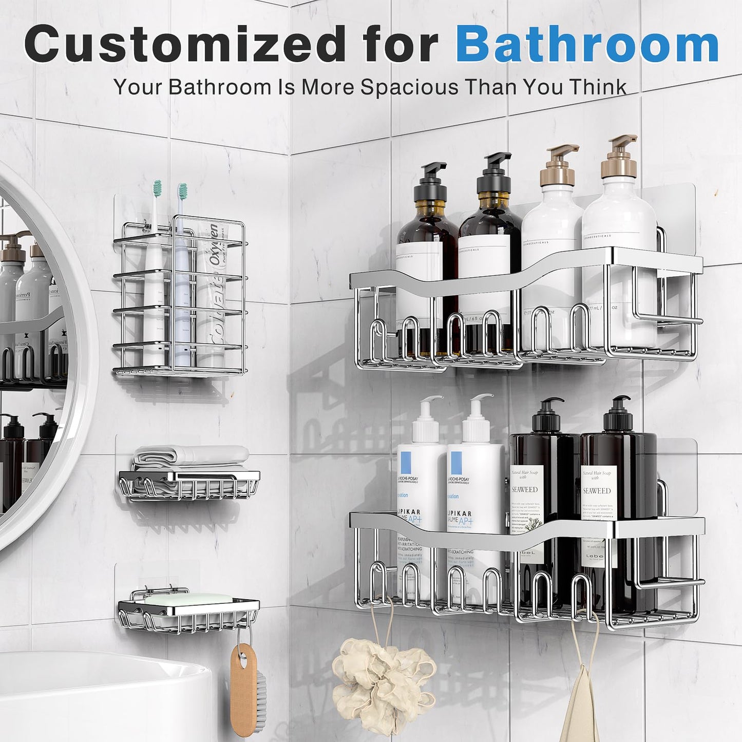 EUDELE Adhesive Shower Caddy, 5 Pack Rustproof Stainless Steel Bath Organizers With Large Capacity, No Drilling Shelves for Bathroom Storage & Home Decor