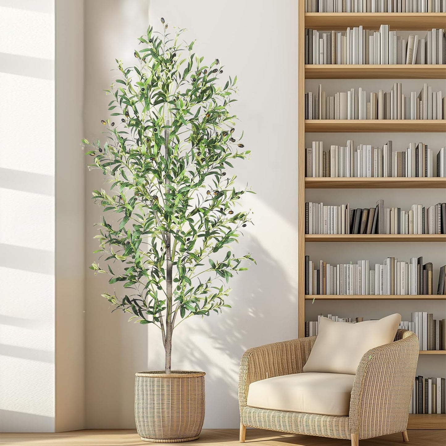 A 6-Foot Tall Artificial Indoor Olive Tree with Realistic Olive Fruits and Flowers with Black pots, Suitable for Home Offices and Home Decor Gifts (Including Woven Baskets)