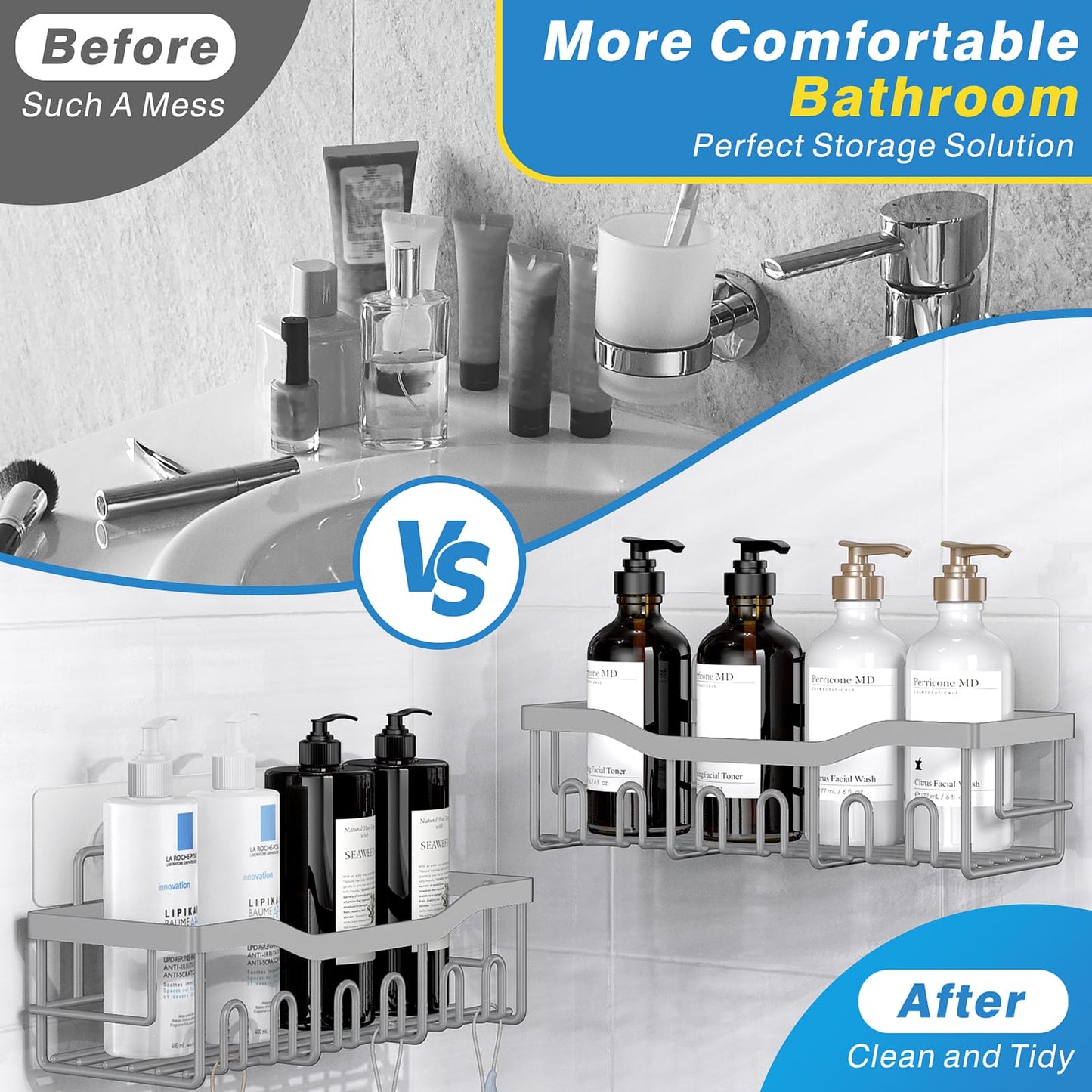 EUDELE Adhesive Shower Caddy, 5 Pack Rustproof Stainless Steel Bath Organizers With Large Capacity, No Drilling Shelves for Bathroom Storage & Home Decor