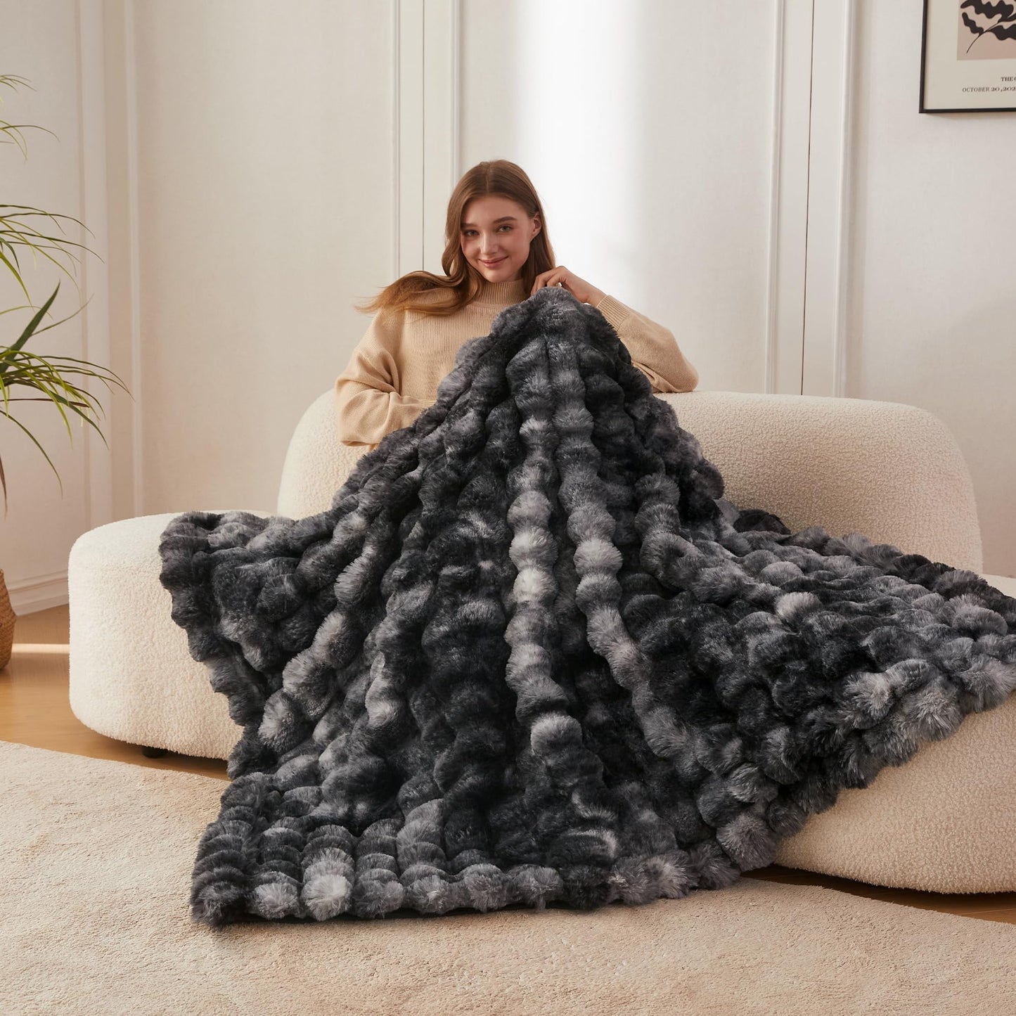 COOVA Faux Fur Throw Blanket for Couch, Cozy Soft and Fuzzy Plush Rabbit Fur Bubble Blanket for Sofa Bedroom Living Room, 50x60 Inches Tie Dye Brown