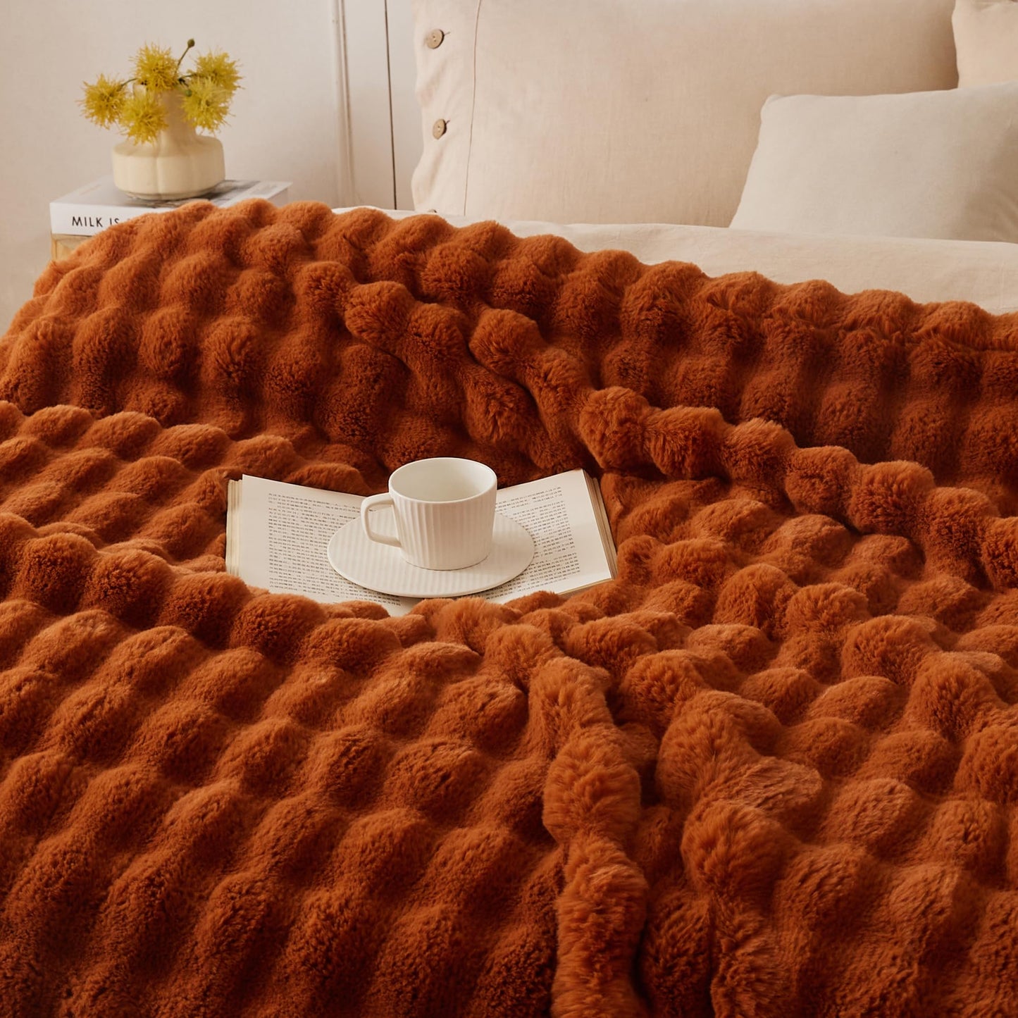 COOVA Faux Fur Throw Blanket for Couch, Cozy Soft and Fuzzy Plush Rabbit Fur Bubble Blanket for Sofa Bedroom Living Room, 50x60 Inches Tie Dye Brown
