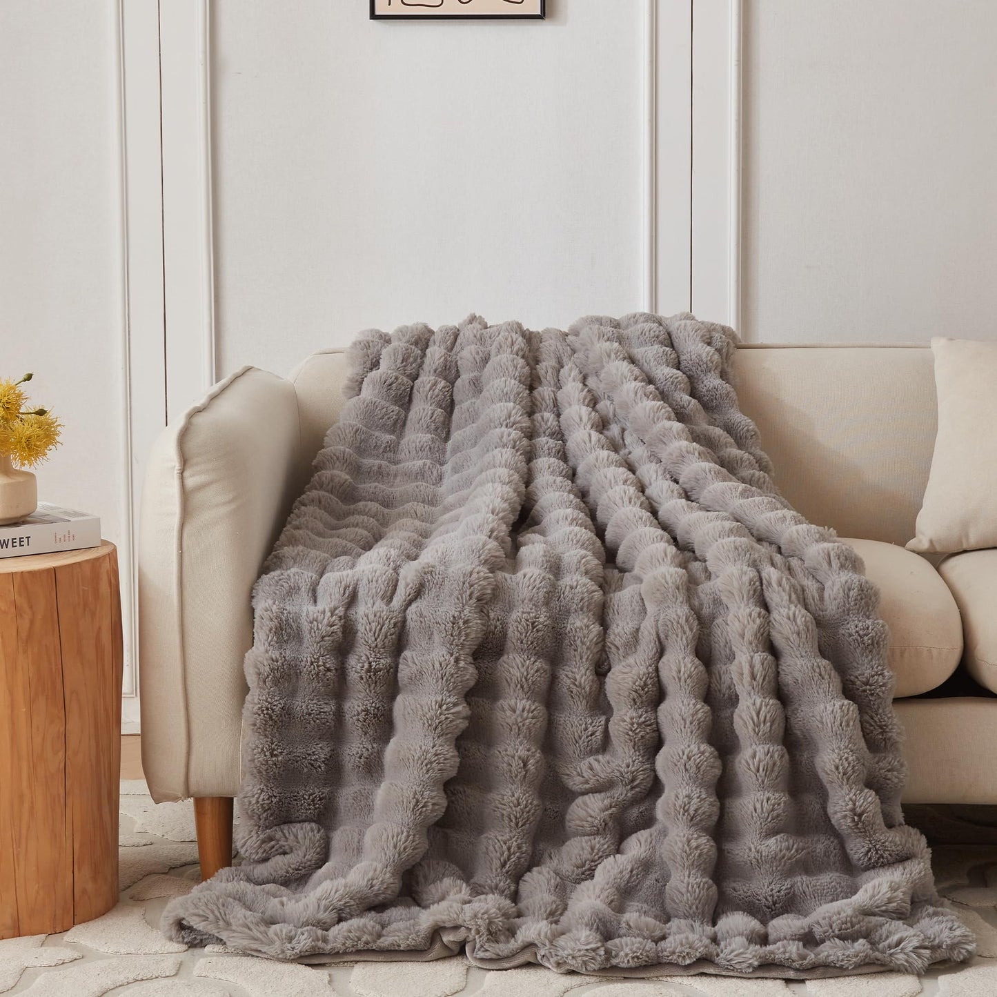 COOVA Faux Fur Throw Blanket for Couch, Cozy Soft and Fuzzy Plush Rabbit Fur Bubble Blanket for Sofa Bedroom Living Room, 50x60 Inches Tie Dye Brown