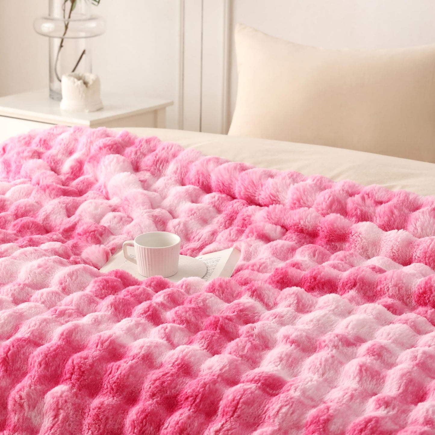 COOVA Faux Fur Throw Blanket for Couch, Cozy Soft and Fuzzy Plush Rabbit Fur Bubble Blanket for Sofa Bedroom Living Room, 50x60 Inches Tie Dye Brown