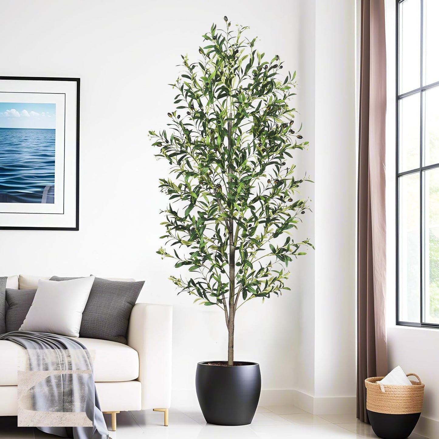 A 6-Foot Tall Artificial Indoor Olive Tree with Realistic Olive Fruits and Flowers with Black pots, Suitable for Home Offices and Home Decor Gifts (Including Woven Baskets)