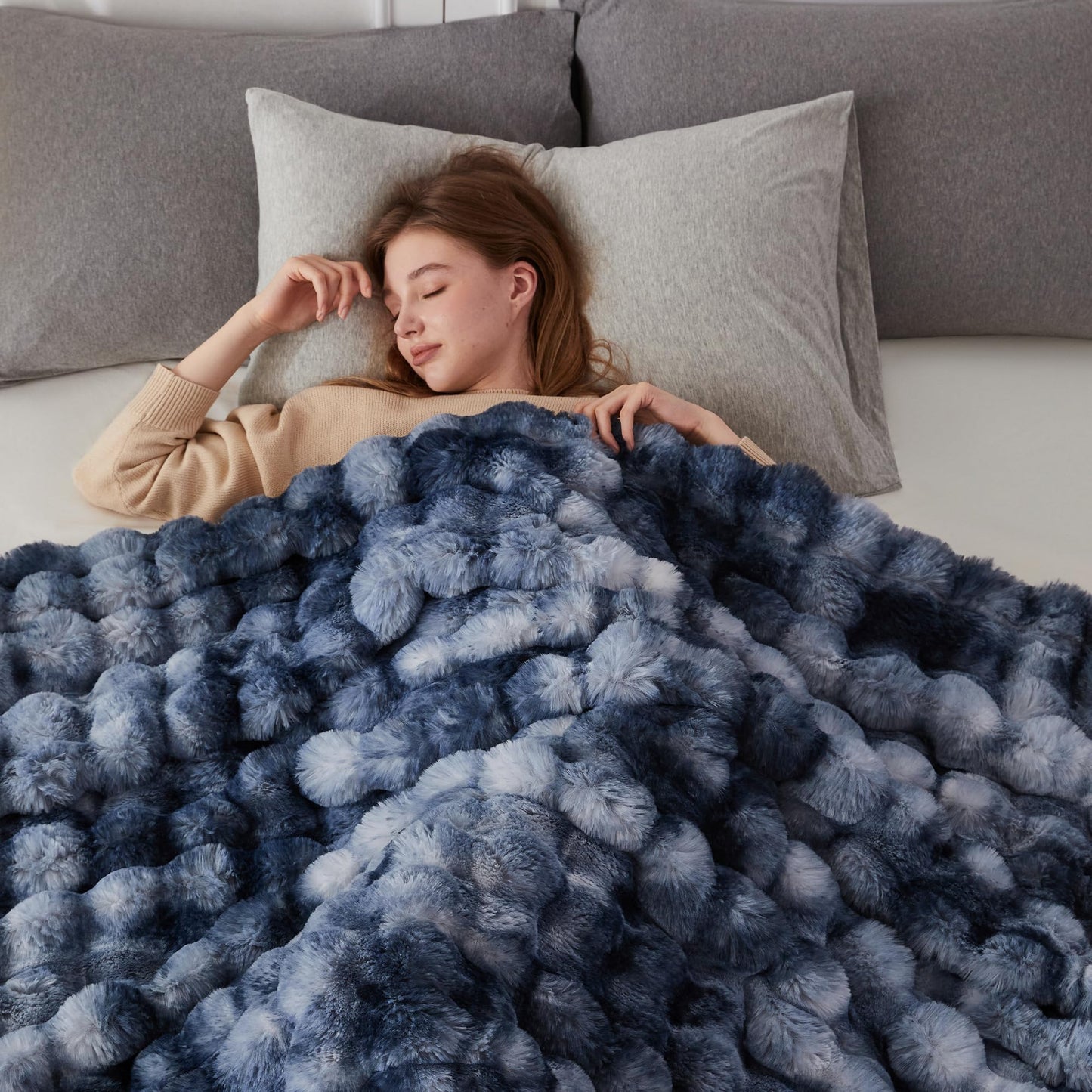 COOVA Faux Fur Throw Blanket for Couch, Cozy Soft and Fuzzy Plush Rabbit Fur Bubble Blanket for Sofa Bedroom Living Room, 50x60 Inches Tie Dye Brown