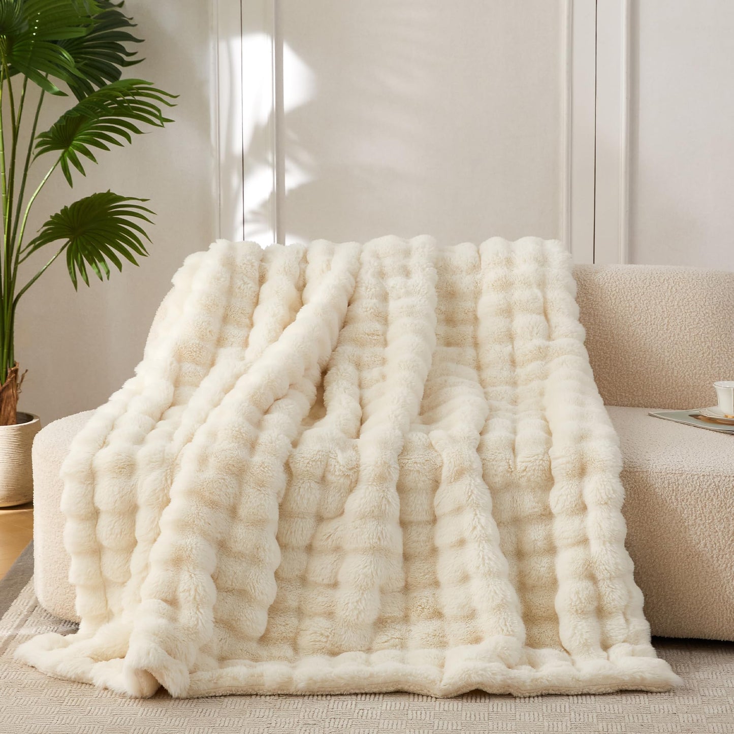 COOVA Faux Fur Throw Blanket for Couch, Cozy Soft and Fuzzy Plush Rabbit Fur Bubble Blanket for Sofa Bedroom Living Room, 50x60 Inches Tie Dye Brown
