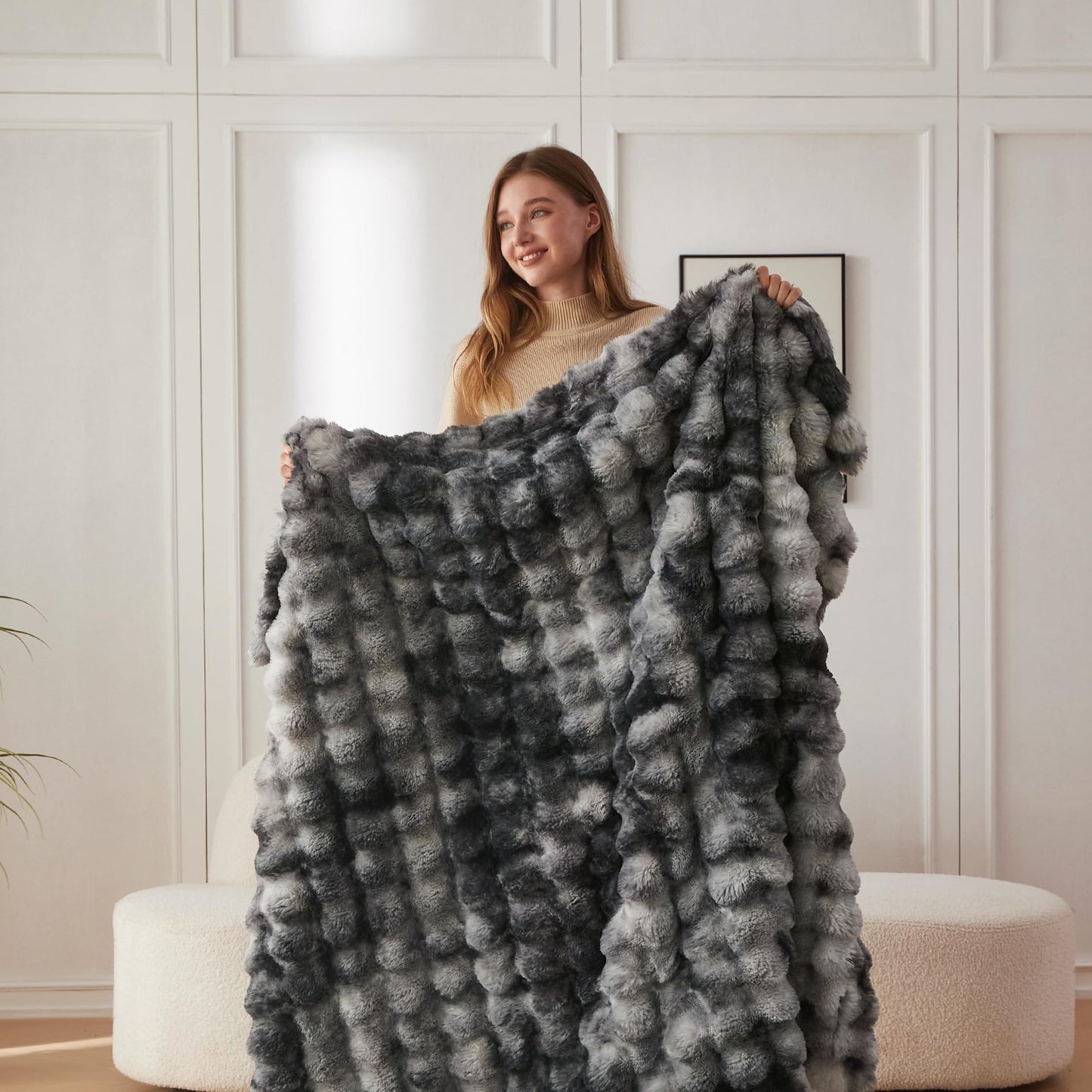 COOVA Faux Fur Throw Blanket for Couch, Cozy Soft and Fuzzy Plush Rabbit Fur Bubble Blanket for Sofa Bedroom Living Room, 50x60 Inches Tie Dye Brown