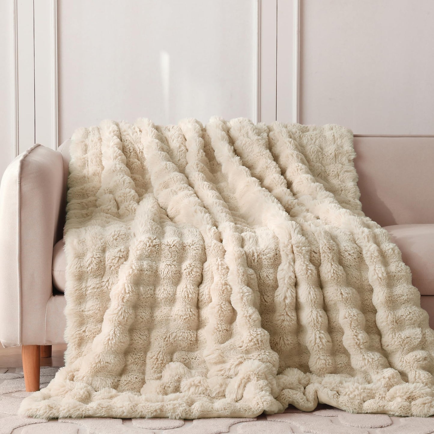 COOVA Faux Fur Throw Blanket for Couch, Cozy Soft and Fuzzy Plush Rabbit Fur Bubble Blanket for Sofa Bedroom Living Room, 50x60 Inches Tie Dye Brown