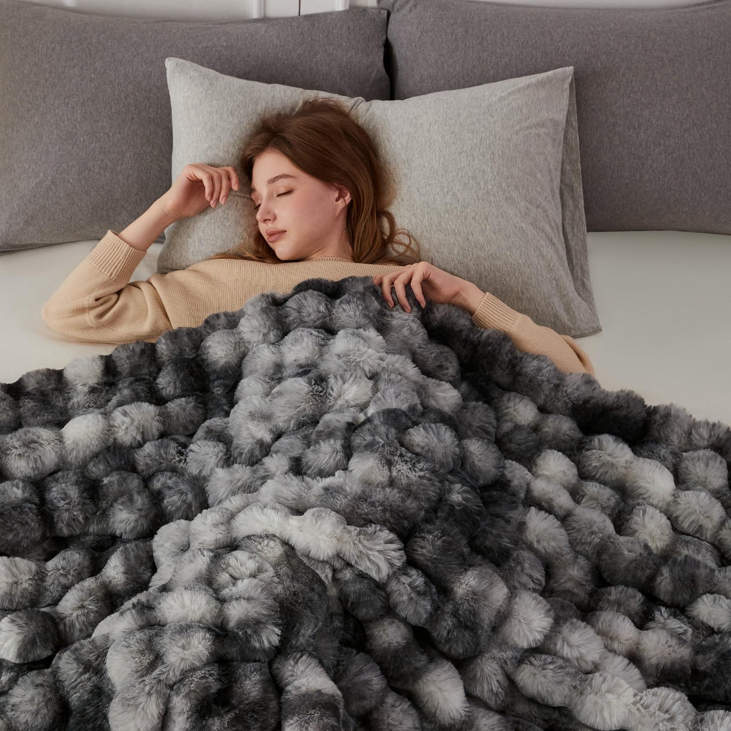 COOVA Faux Fur Throw Blanket for Couch, Cozy Soft and Fuzzy Plush Rabbit Fur Bubble Blanket for Sofa Bedroom Living Room, 50x60 Inches Tie Dye Brown