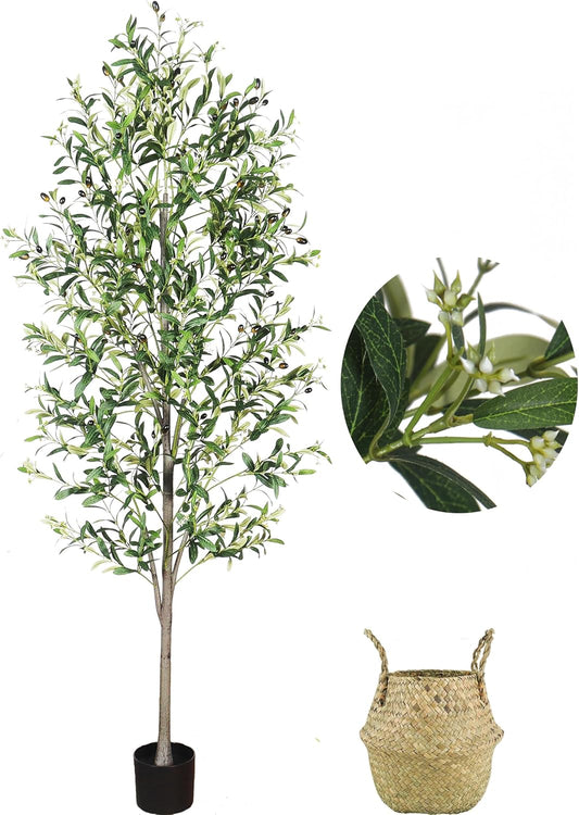 A 6-Foot Tall Artificial Indoor Olive Tree with Realistic Olive Fruits and Flowers with Black pots, Suitable for Home Offices and Home Decor Gifts (Including Woven Baskets)