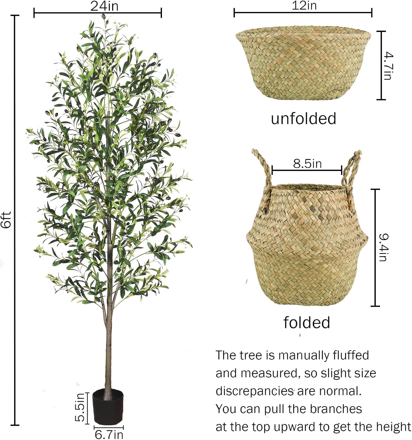 A 6-Foot Tall Artificial Indoor Olive Tree with Realistic Olive Fruits and Flowers with Black pots, Suitable for Home Offices and Home Decor Gifts (Including Woven Baskets)