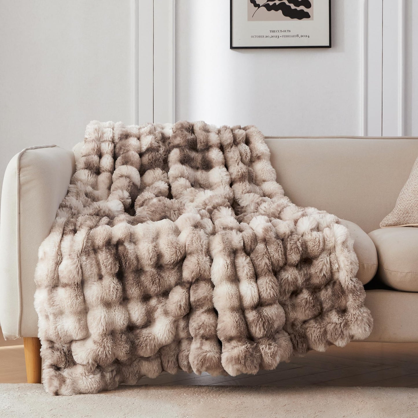 COOVA Faux Fur Throw Blanket for Couch, Cozy Soft and Fuzzy Plush Rabbit Fur Bubble Blanket for Sofa Bedroom Living Room, 50x60 Inches Tie Dye Brown