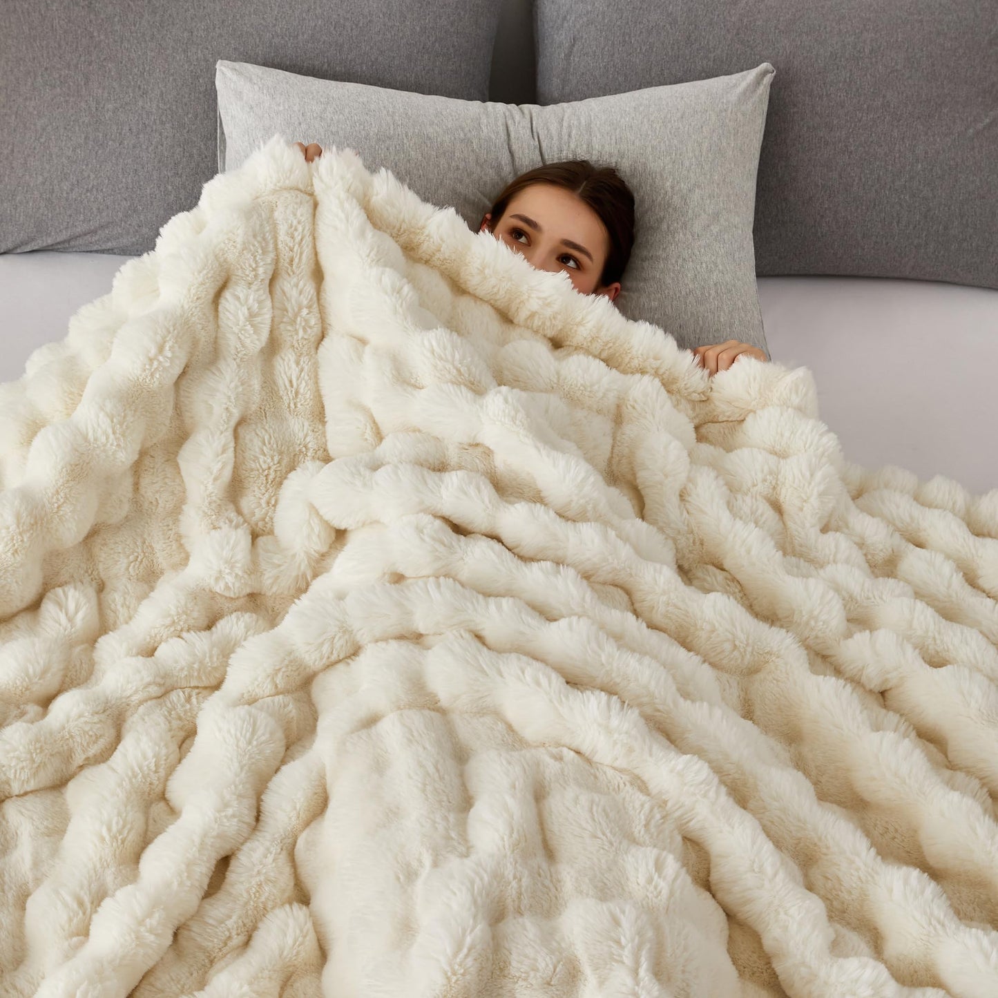 COOVA Faux Fur Throw Blanket for Couch, Cozy Soft and Fuzzy Plush Rabbit Fur Bubble Blanket for Sofa Bedroom Living Room, 50x60 Inches Tie Dye Brown