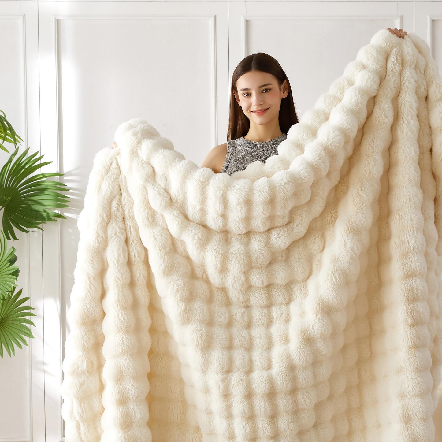 COOVA Faux Fur Throw Blanket for Couch, Cozy Soft and Fuzzy Plush Rabbit Fur Bubble Blanket for Sofa Bedroom Living Room, 50x60 Inches Tie Dye Brown