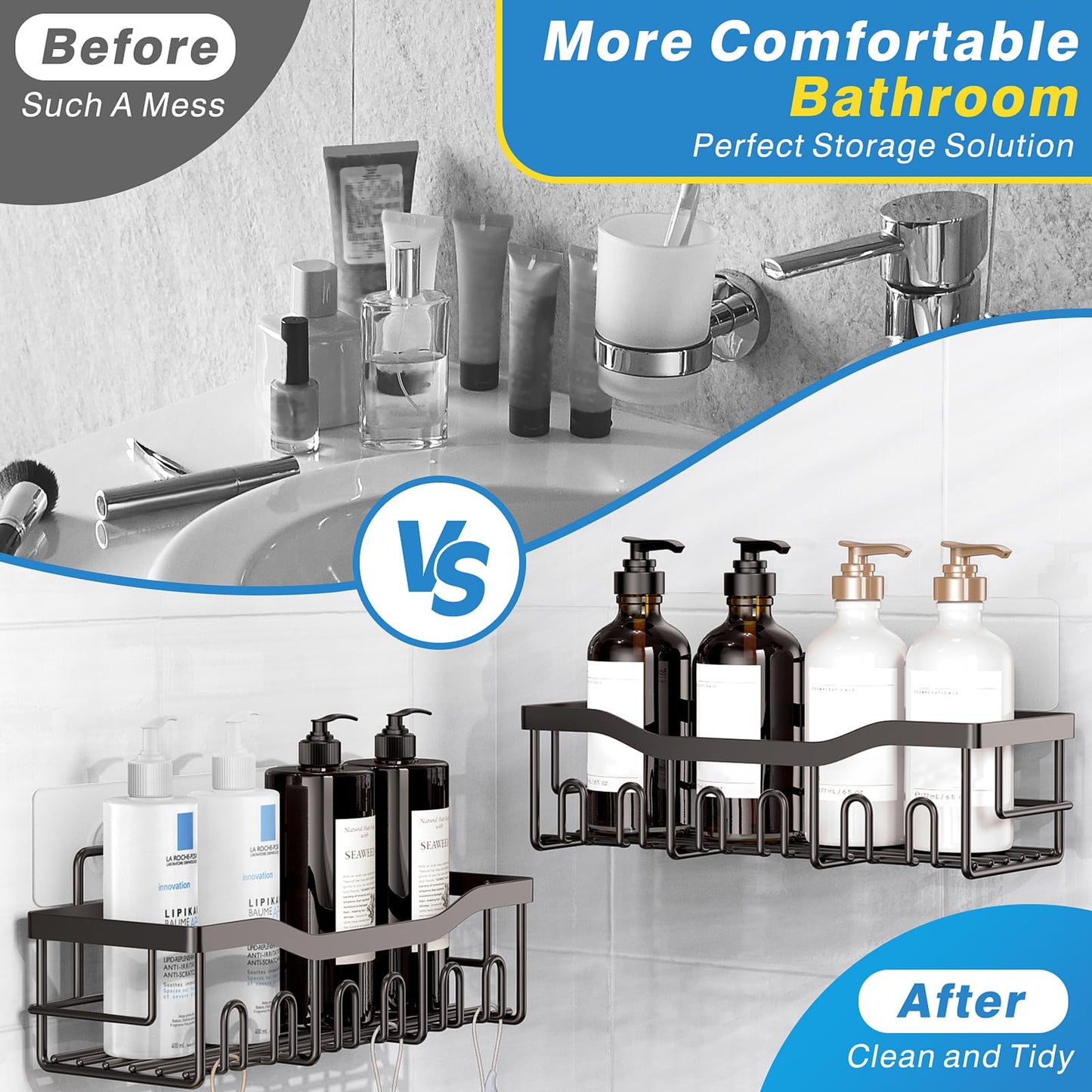 EUDELE Adhesive Shower Caddy, 5 Pack Rustproof Stainless Steel Bath Organizers With Large Capacity, No Drilling Shelves for Bathroom Storage & Home Decor