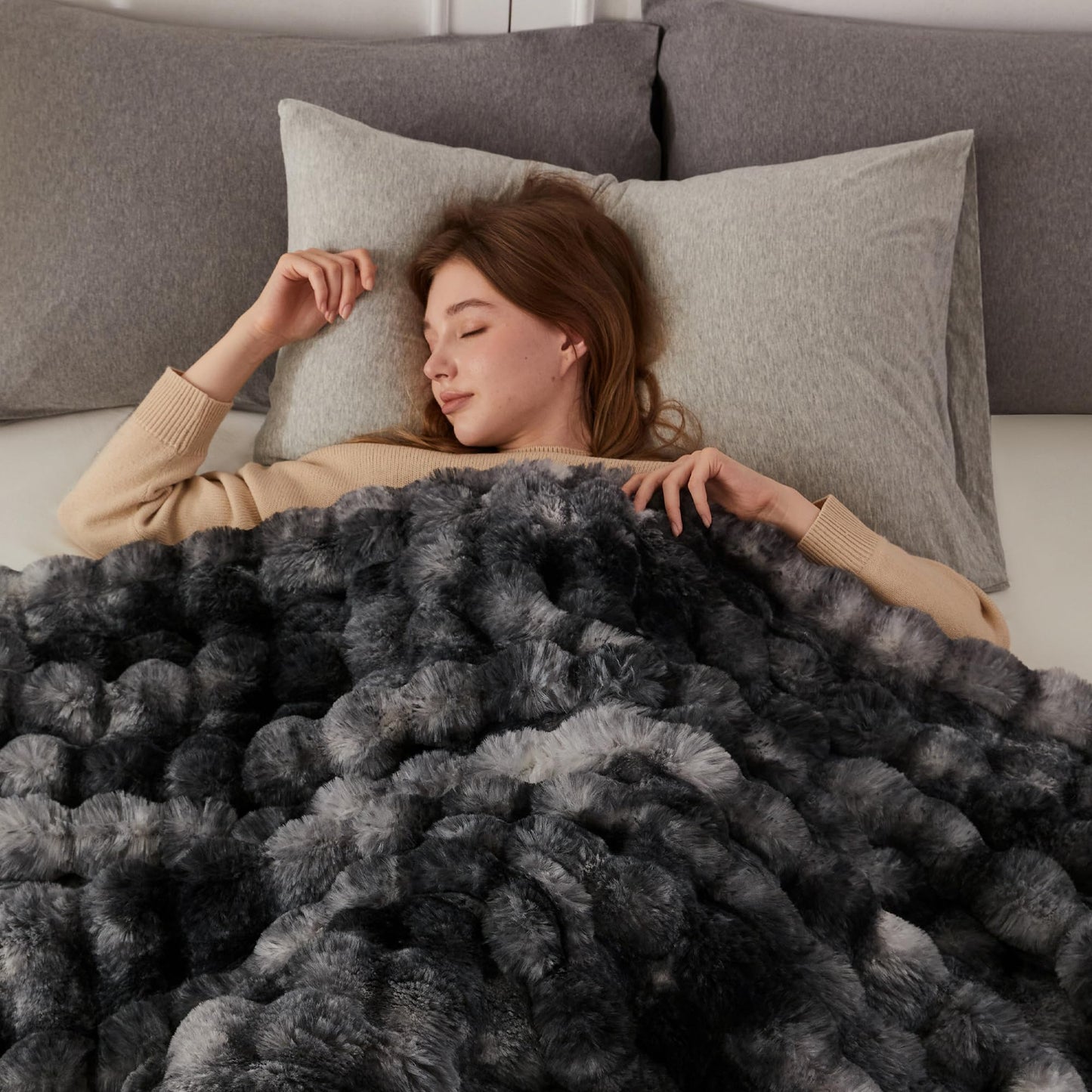 COOVA Faux Fur Throw Blanket for Couch, Cozy Soft and Fuzzy Plush Rabbit Fur Bubble Blanket for Sofa Bedroom Living Room, 50x60 Inches Tie Dye Brown