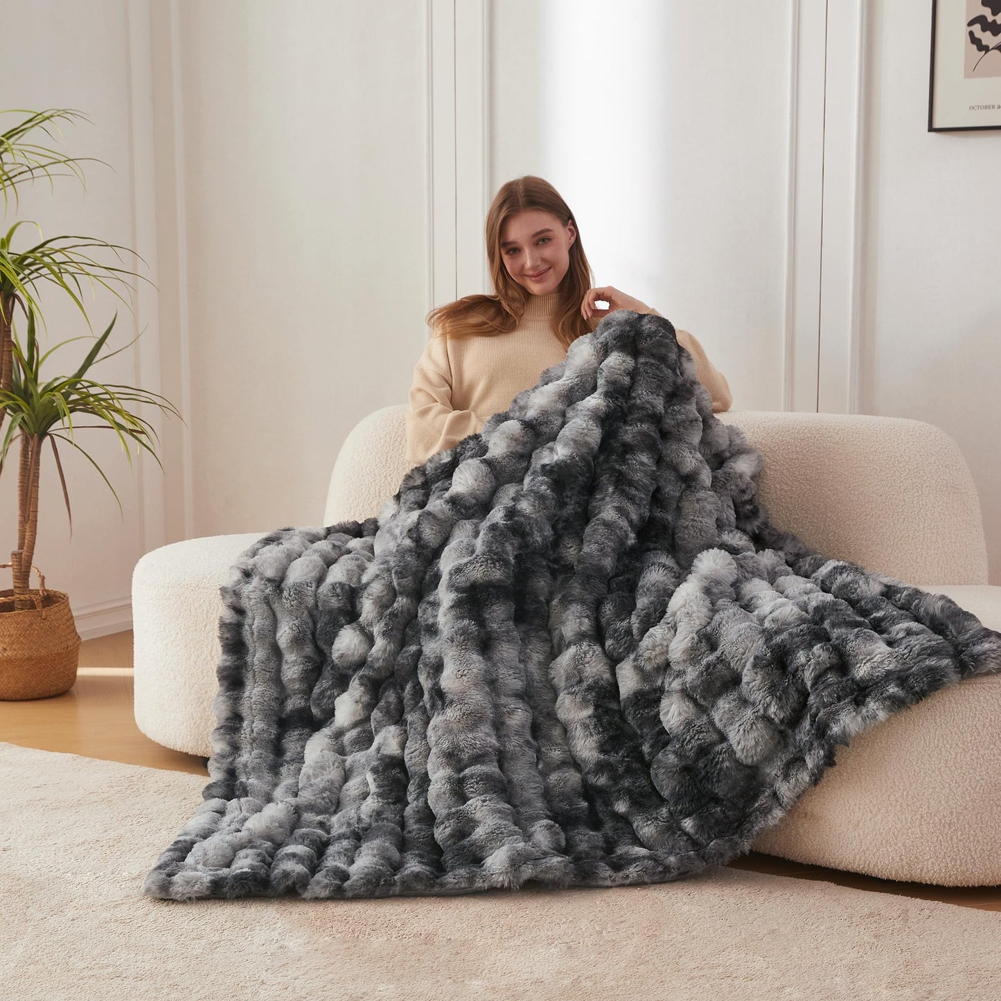 COOVA Faux Fur Throw Blanket for Couch, Cozy Soft and Fuzzy Plush Rabbit Fur Bubble Blanket for Sofa Bedroom Living Room, 50x60 Inches Tie Dye Brown