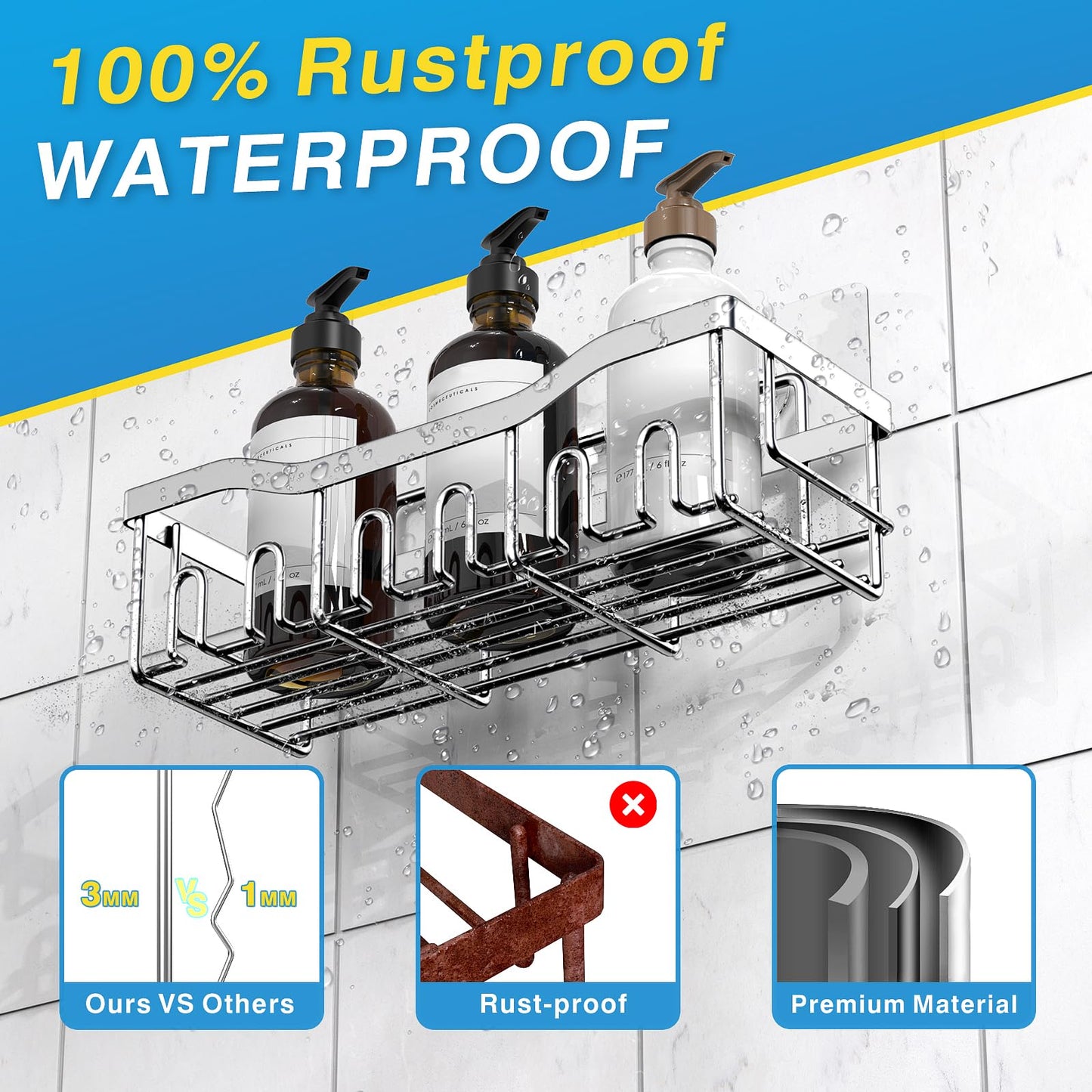 EUDELE Adhesive Shower Caddy, 5 Pack Rustproof Stainless Steel Bath Organizers With Large Capacity, No Drilling Shelves for Bathroom Storage & Home Decor