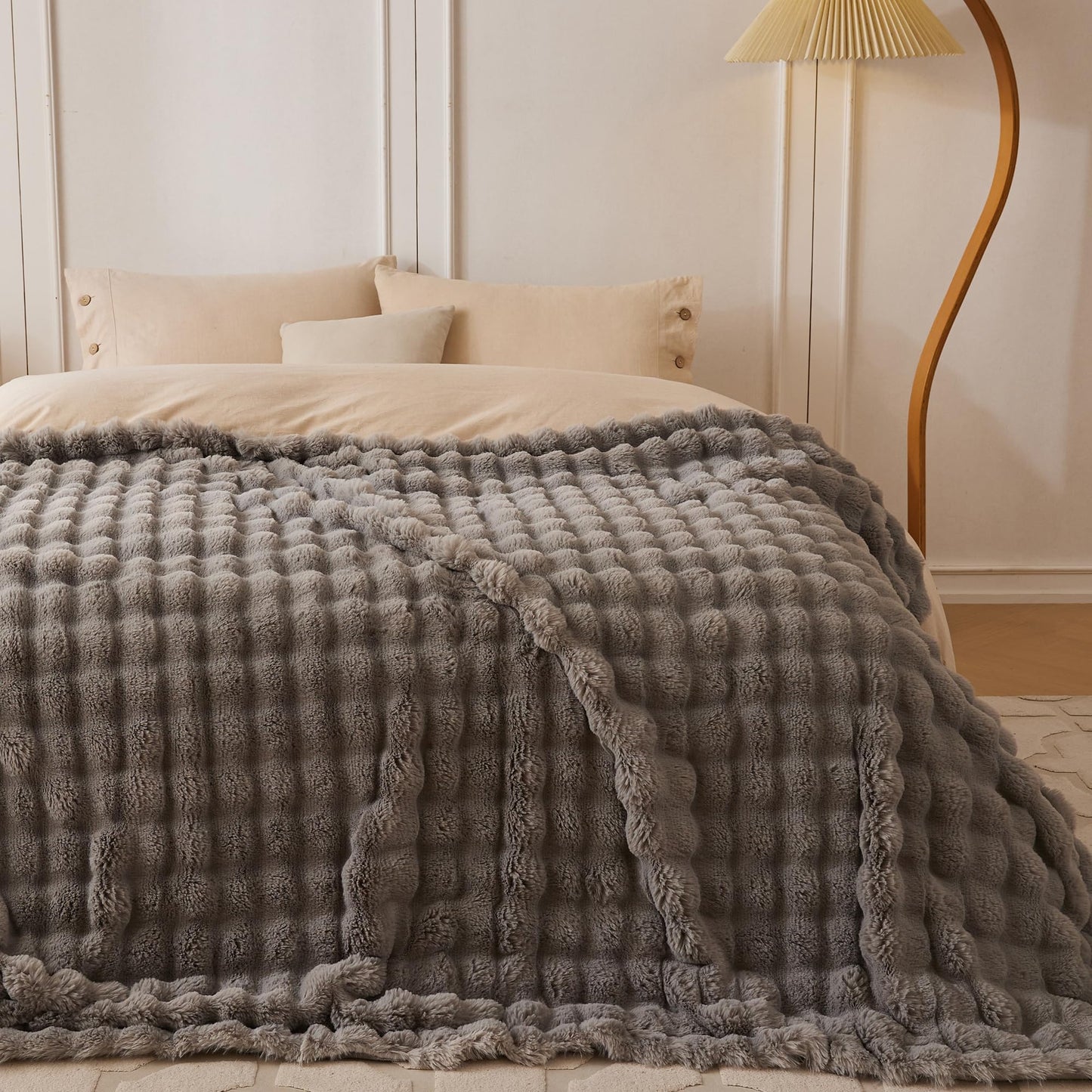 COOVA Faux Fur Throw Blanket for Couch, Cozy Soft and Fuzzy Plush Rabbit Fur Bubble Blanket for Sofa Bedroom Living Room, 50x60 Inches Tie Dye Brown