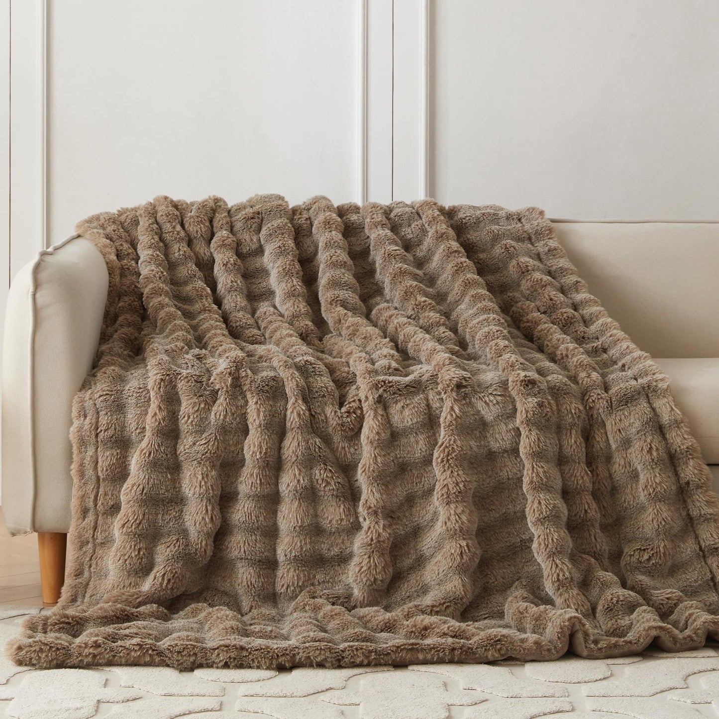 COOVA Faux Fur Throw Blanket for Couch, Cozy Soft and Fuzzy Plush Rabbit Fur Bubble Blanket for Sofa Bedroom Living Room, 50x60 Inches Tie Dye Brown