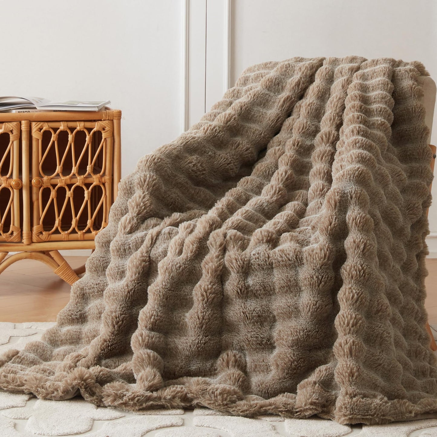 COOVA Faux Fur Throw Blanket for Couch, Cozy Soft and Fuzzy Plush Rabbit Fur Bubble Blanket for Sofa Bedroom Living Room, 50x60 Inches Tie Dye Brown