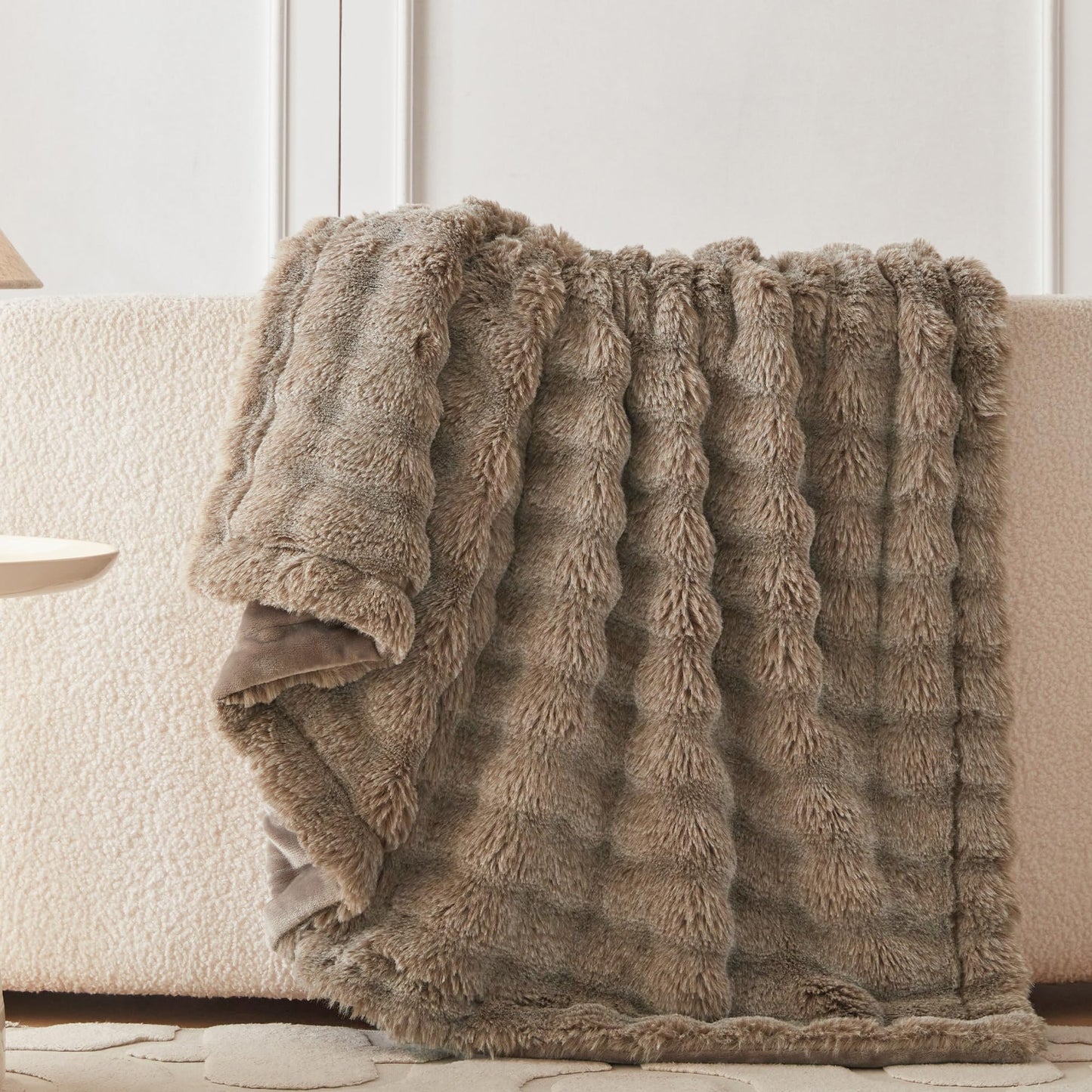 COOVA Faux Fur Throw Blanket for Couch, Cozy Soft and Fuzzy Plush Rabbit Fur Bubble Blanket for Sofa Bedroom Living Room, 50x60 Inches Tie Dye Brown