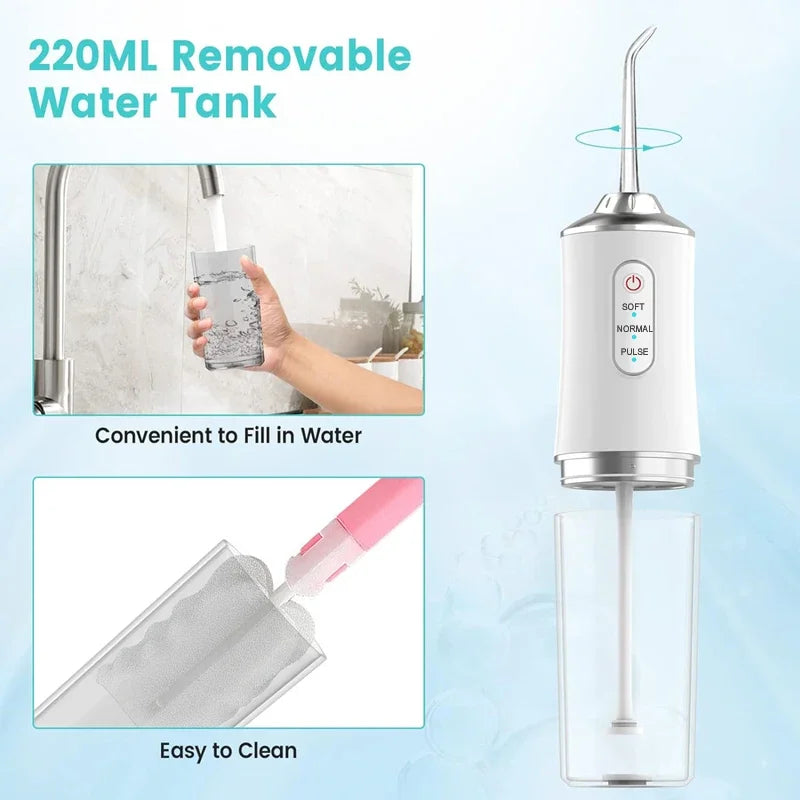 Oral Irrigator Portable Dental Water Flosser USB Rechargeable Water Jet Floss Tooth Pick 4 Jet Tip 200ml 3 Mode Massage Gums